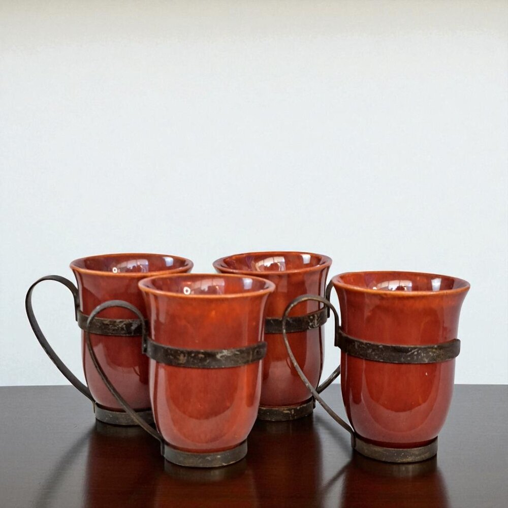 1930s GLADDING MCBEAN FRANCISCAN WARE 4 EL PATIO CUPS + ORIG IRON HOLDERS